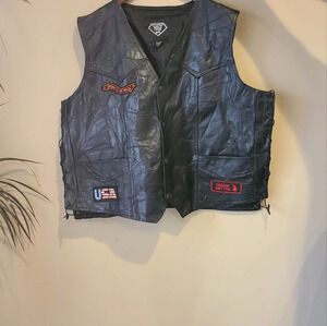 Motorcycle vest Diamond plate Buffalo leather men's sz.3X Black patches lace up